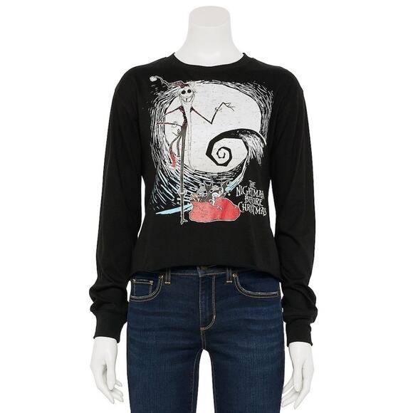 The Nightmare Before Christmas Long Sleeve Cropped Crewneck Tee Black | Medium - Picture 1 of 6